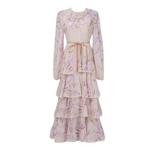 Designer-style Floral Ruffle Maxi Dress with Belt